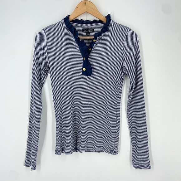 J. Crew Tops - J. Crew XS BP053 Ruffle-collar LS shirt in‎ striped vintage rib Navy White